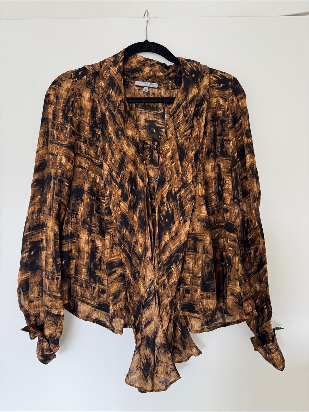 Anne Klein Abstract Print Button Down Tie Detail Silk Blouse Size 2 Petite